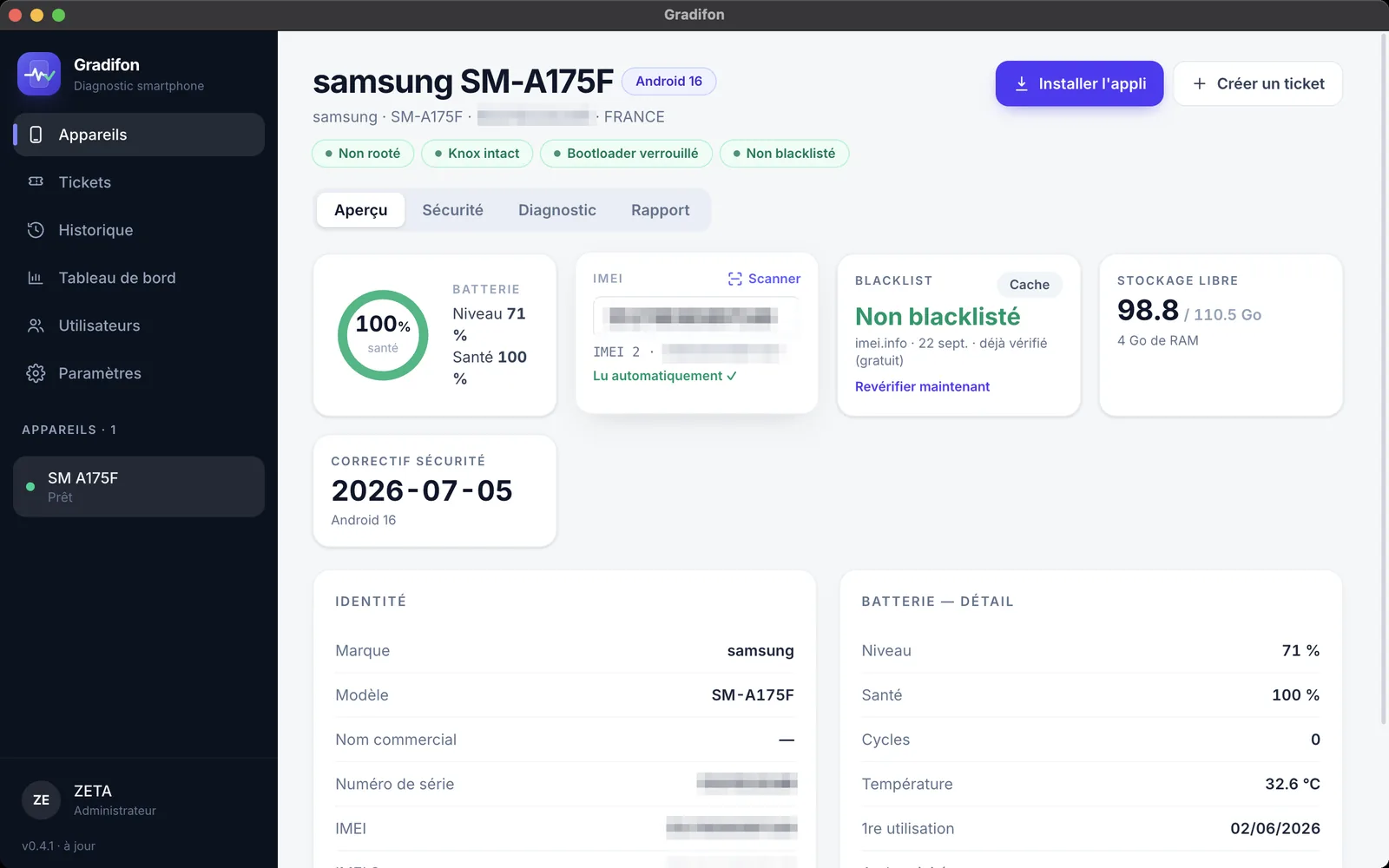 Écran Aperçu de Gradifon : identité, batterie, IMEI, blacklist et stockage d’un Samsung branché